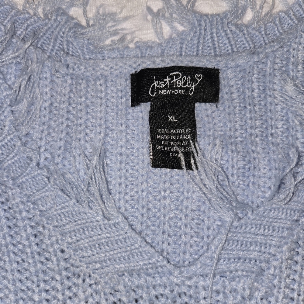 Just Polly Pale Blue V-Neck Fringe Distressed Crop Sweater Womens XL Bolts - Picture 3 of 7